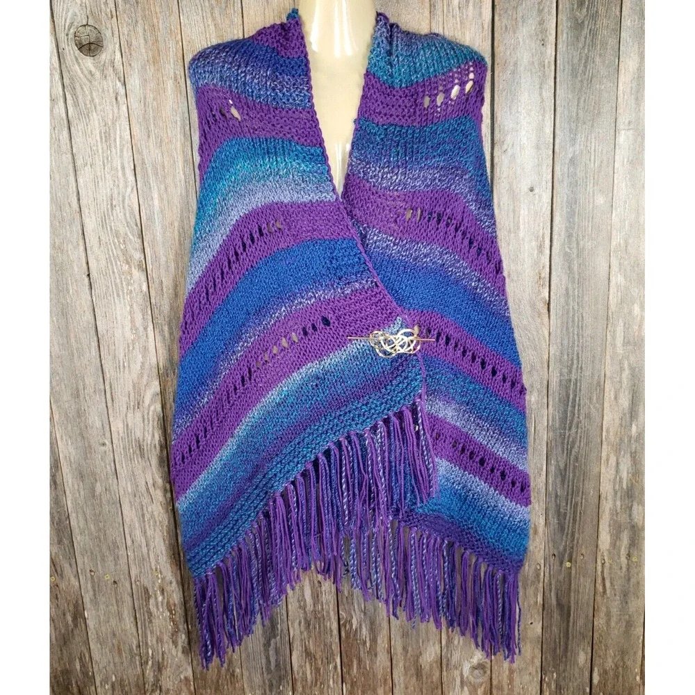 NEW Blue Purple Eyelet Hand Knit Shawl Wrap‎ Boho Festival Artsy Indie Coastal
